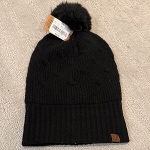 C.C Black Knit Beanie with Faux Fur Pom